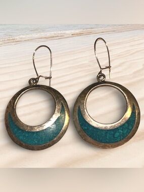 Elegant Turquoise Inlay Sterling Silver Hoop Southwestern Earrings Mexico